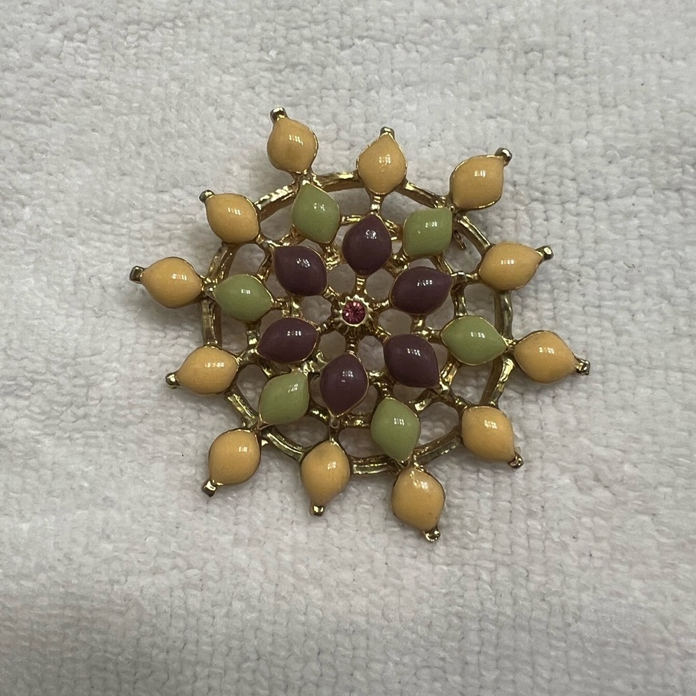 Gold-Tone Floral Enamel Brooch in Yellow, Green and Purple
